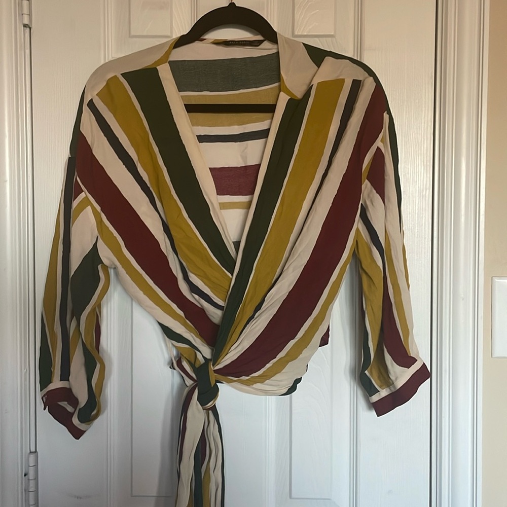 Zara Striped Wrap Blouse in Cream, Mustard, Olive & Burgundy